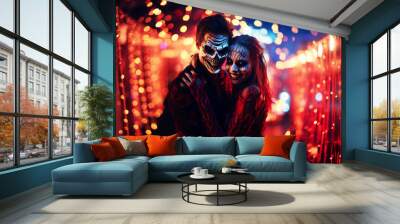 Halloween for couple banner, young elegant couple horror mask, night celebration lights Wall mural