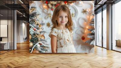 Happy young girl posing and smiling in a festive christmas decorated room Wall mural