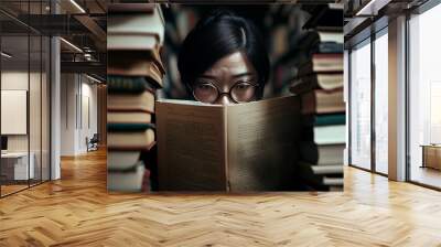 Illustration of young asian woman reading a book in library looking at camera. Culture, education, student, knowledge. Generative AI Wall mural