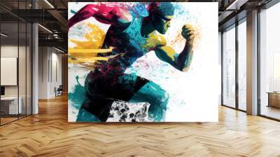 Running athletics sport man colorful splash horizontal banner on white illustration with copy space. Generative AI graphic Wall mural