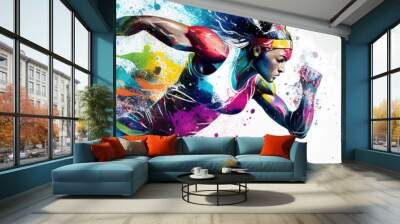 Running athletics sport woman colorful splash horizontal banner on white illustration with copy space. Generative AI graphic Wall mural