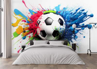 Soccer ball colorful splash on white illustration sport banner with copy space. Generative AI graphic Wall mural