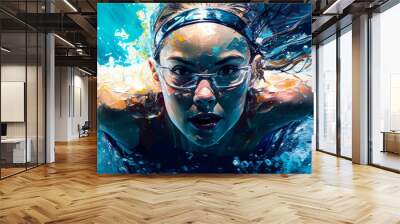 Swimming sport woman swimmer front view blue splash horizontal banner on white illustration with copy space. Generative AI graphic Wall mural