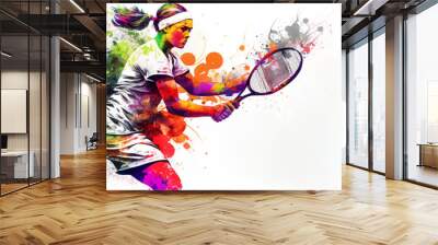 Tennis sport woman player colorful splash horizontal banner on white illustration with copy space. Generative AI graphic Wall mural