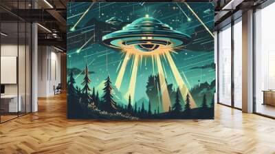 Vibrant illustration celebrating world ufo day with retro futuristic flying saucers over a forest landscape Wall mural