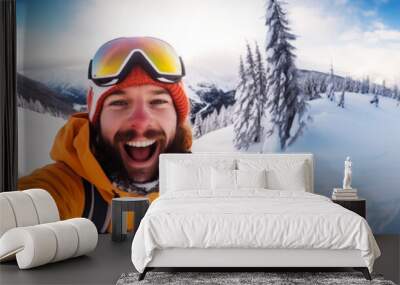 Winter sport happy young man selfie thumbs up on snow mountains landscape Wall mural