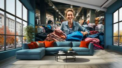 Woman smiling happy in clothing store with black friday special offer Wall mural