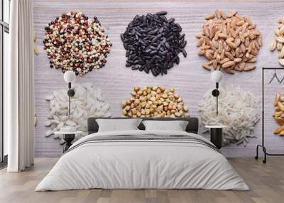 grains. from left: oats, quinoa, black rice, spelled, barley, brown rice, carnaroli rice, buckwheat, Wall mural