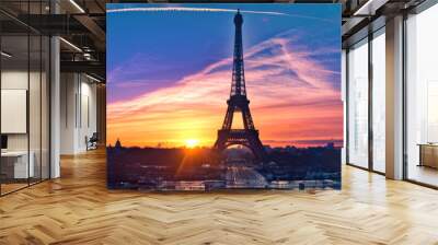 Amazing panorama of Paris very early in the morning, with Eiffel Tower included Wall mural