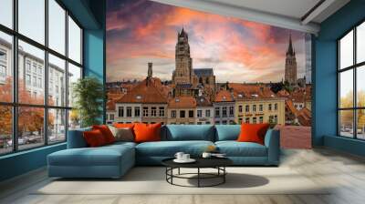 Medieval Town Bruges old city in Flanders in Belgium Europe. Art and culture. Tourists from the world. Ancient medieval architecture gothic with towers buildings, canals, cobbled alleyways horses Wall mural