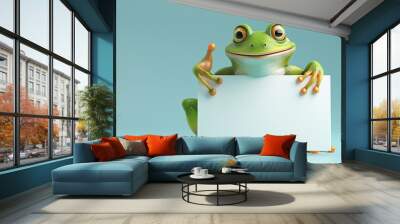 A cute cartoon style frog holding a mock up white board, with copy space for text, blue background Wall mural