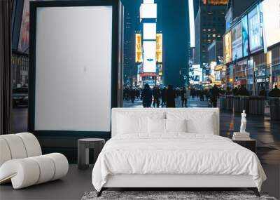 A mock up, white blank advertising board in a busy New York street at night, retail and business concept Wall mural