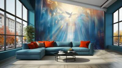 A religious and spiritual illustration of heaven with a white dove flying above the gates,  beams of light and clouds Wall mural