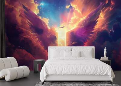 A religious and spiritual illustration of heaven with a white dove flying above the gates of heaven, beams of light and clouds Wall mural