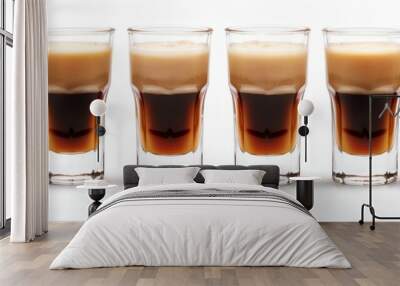 A row of six shot glasses, baby Guinness cocktail, on a plain white background, party vibes Wall mural