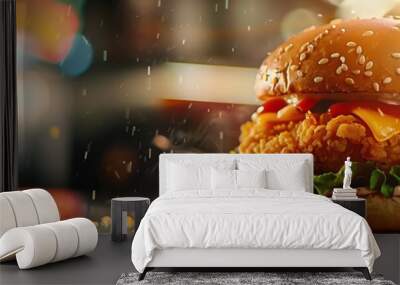 A vector banner of an illustration of a delicious crispy chicken burger in a bead bun with lettuce, tomato and sauce, copy space for text Wall mural