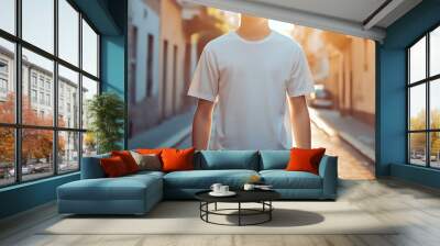 A white male tshirt mockup designed for men's apparel showcasing clean and versatile design options for tshirt printing and advertisement purposes Wall mural