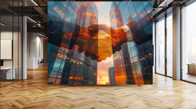 Businessmen handshake on an abstract background corporate skyscrapers at sunset, double exposure. Partnership, success, deal, agreement, cooperation, business contract concept

 Wall mural