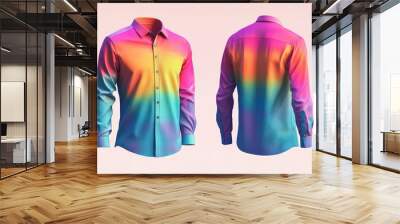 A vibrant rainbow-colored men's formal long t-shirt mockup, featuring bold, colorful stripes with a sleek, modern design. Ideal for showcasing fashion-forward styles. Wall mural