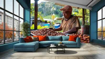 farmer drying cocoa beans Wall mural