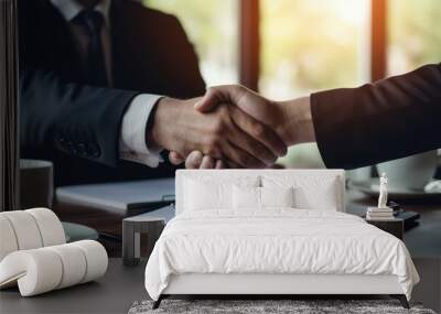 handshake between 2 businessmen for buying a house, property, on a table, paper, approval of a property project tender contract Wall mural