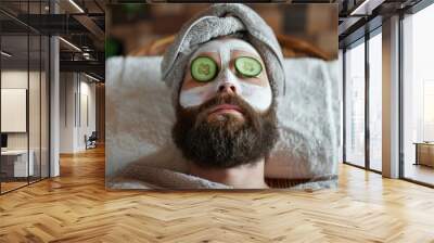 Man Relaxing with Cucumber Face Mask Wall mural