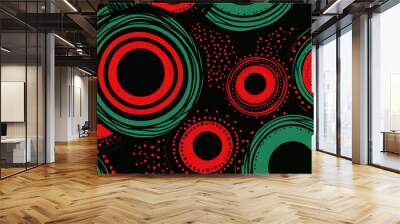 An African print design in red and green with circular shapes. The design features intricate geometric patterns, including stripes, dots or other motifs that evoke cultural richness and vitality. Wall mural