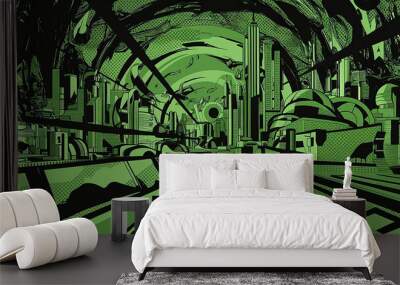 Creative abstract background, with comic style, black and green colors, Pop Art art style Wall mural