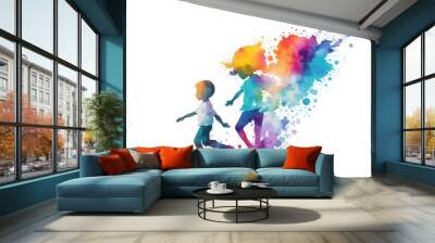 Illustration of a watercolor painting of two children's playing together. Children's day greeting card. Generative ai. Wall mural