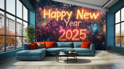 2025 golden on New Year with fireworks. Celebration New Year's Eve. Golden fireworks on dark night sky Wall mural