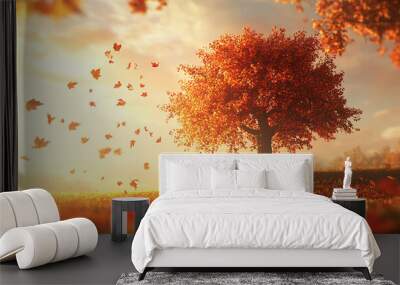 Beautiful autumn landscape with yellow trees and sun. Colorful foliage in the park. Falling leaves natural background
 Wall mural