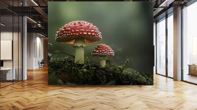 beautiful closeup of forest mushrooms in grass, autumn season. little fresh mushrooms, growing in Autumn Forest. mushrooms and leafs in forest. Mushroom picking concept. Magical
 Wall mural