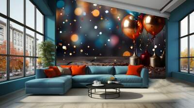 birthday party balloons,  colourful balloons background and birthday cake with candles  Wall mural