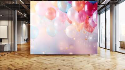 birthday party balloons, colourful balloons background and birthday cake with candles Wall mural