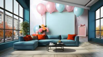 birthday party balloons, colourful balloons background and birthday cake with candles	 Wall mural