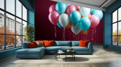 birthday party balloons, colourful balloons background and birthday cake with candles	 Wall mural