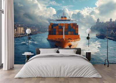 Cargo container Ship, cargo vessel ship carrying container and running for import export concept technology freight shipping sea freight by Express Ship. 
 Wall mural