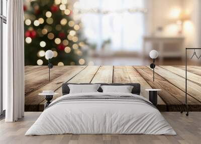 Christmas holiday background with empty wooden deck table over festive bokeh. Ready for product montage
 Wall mural