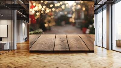 Christmas holiday background with empty wooden deck table over festive bokeh. Ready for product montage
 Wall mural