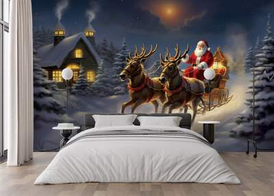 christmas tree decorations, santa claus with gifts, snowman in the snow, christmas gift boxes Wall mural