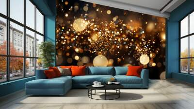 Gold glitter powder shining sparkles on black background Wall mural