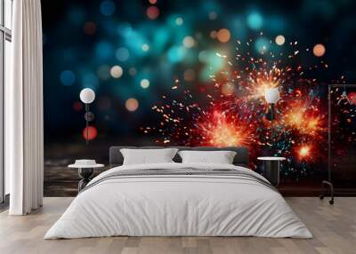 happy new year with fireworks, fireworks over the city, fireworks in the night sky, newyears new years Wall mural