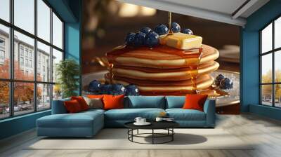 Healthy summer breakfast, homemade classic american pancakes with fresh fruit and honey, morning light background copy space top view
 Wall mural