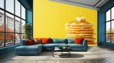 Healthy summer breakfast, homemade classic american pancakes with fresh fruit and honey, morning light background copy space top view
 Wall mural