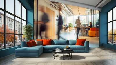 Long exposure shot of crowd of business people walking in bright office lobby fast moving with blurry Wall mural