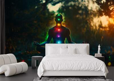 meditating, Yoga meditation outdoors. Glowing seven all chakra. person sits in a Salute pose, Kundalini energy. 
 Wall mural