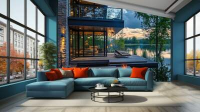 modern lakeside home floating terrace with firepit Wall mural