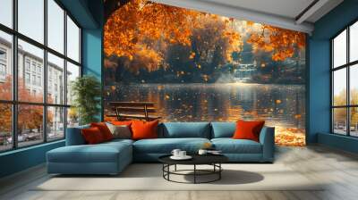 Orange fall leaves in park, autumn natural background, Autumn Landscape - Trees And Orange Foliage In Park 
 Wall mural