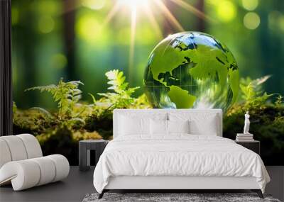 renewable energy light bulb with green energy, Earth Day or environment protection Hands protect forests that grow on the ground and help save the world, solar panels	 Wall mural