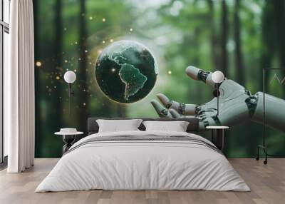 renewable energy light bulb with green energy, Earth Day or environment protection Hands protect forests that grow on the ground and help save the world, solar panels Wall mural